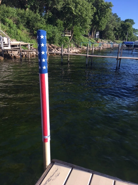 USA Flag boat dock post cover for 2.5" round boat dock posts found in Okoboji and other lakes in IA, MN, NE and WI. Stands 36" tall.