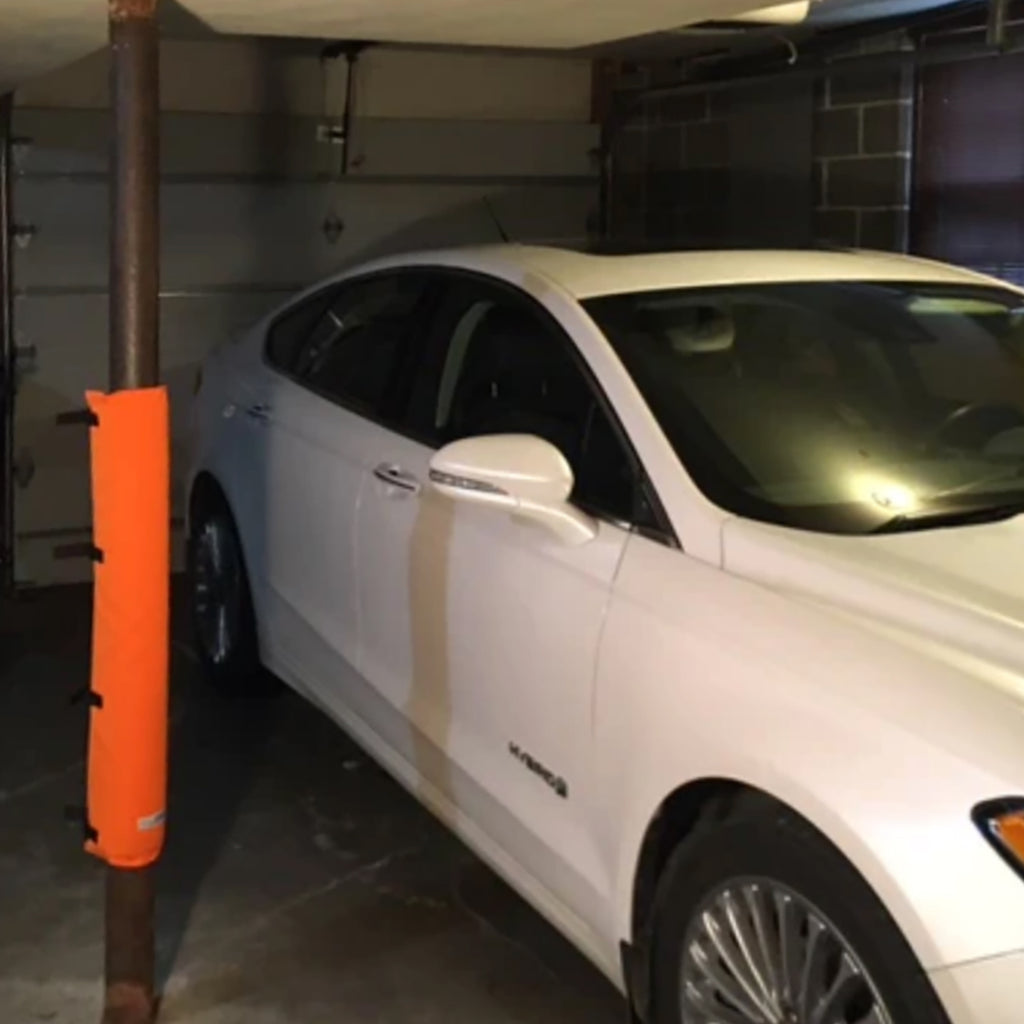 Orange Padding for garage poles. Garage pole pad that secures to your garage pole to prevent dings and dents on your car door.