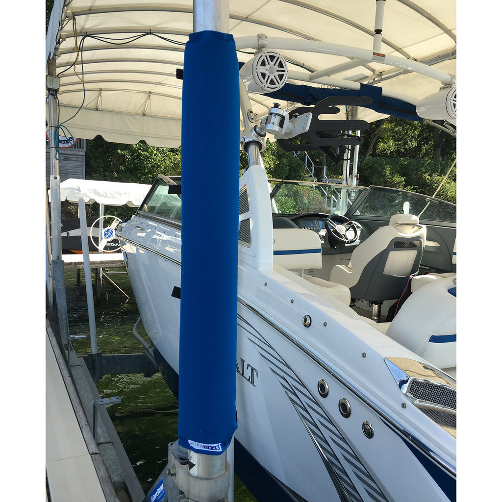 Blue Padded Wrap by Pier Gear, Padding for boat poles. Boat lift pad that helps prevent dings and dents on your boat and lift post. Padded wrap is on boat dock pole