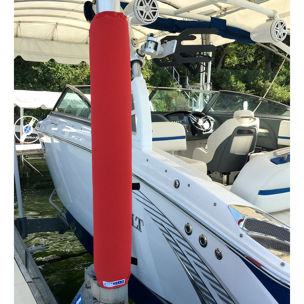 Red Padded Wrap by Pier Gear, Padding for boat poles. Boat lift pad that helps prevent dings and dents on your boat and lift post. Padded wrap is on boat dock pole
