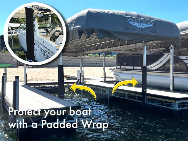 Boat lift post pad in black by Pier Gear. Padding for boat lift poles. Boat lift bumper that helps prevent dings and dents on your boat and lift post. Pontoon boat bumper.