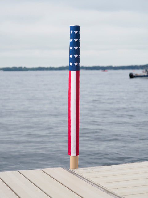 USA Flag boat dock post cover for 2.5" round boat dock posts found in Okoboji and other lakes in IA, MN, NE and WI. Stands 36" tall.