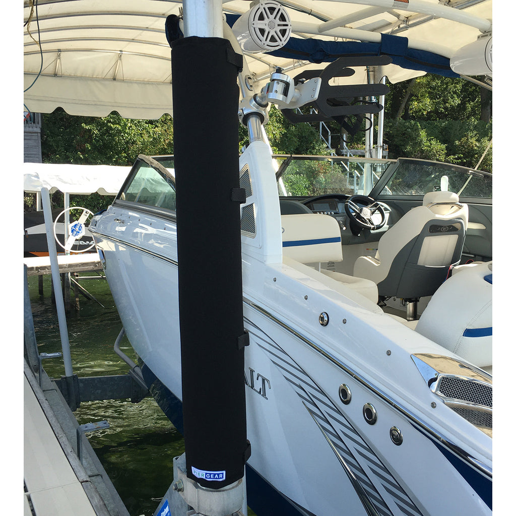 Black Padded Wrap by Pier Gear, Padding for boat poles. Boat lift pad that helps prevent dings and dents on your boat and lift post. Padded wrap is on boat dock pole