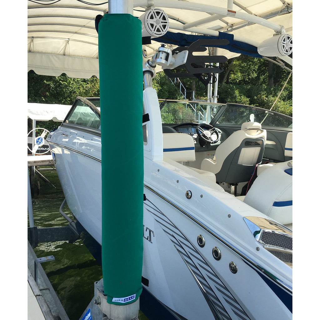 Green Padded Wrap by Pier Gear, Padding for boat poles. Boat lift pad that helps prevent dings and dents on your boat and lift post. Padded wrap is on boat dock pole