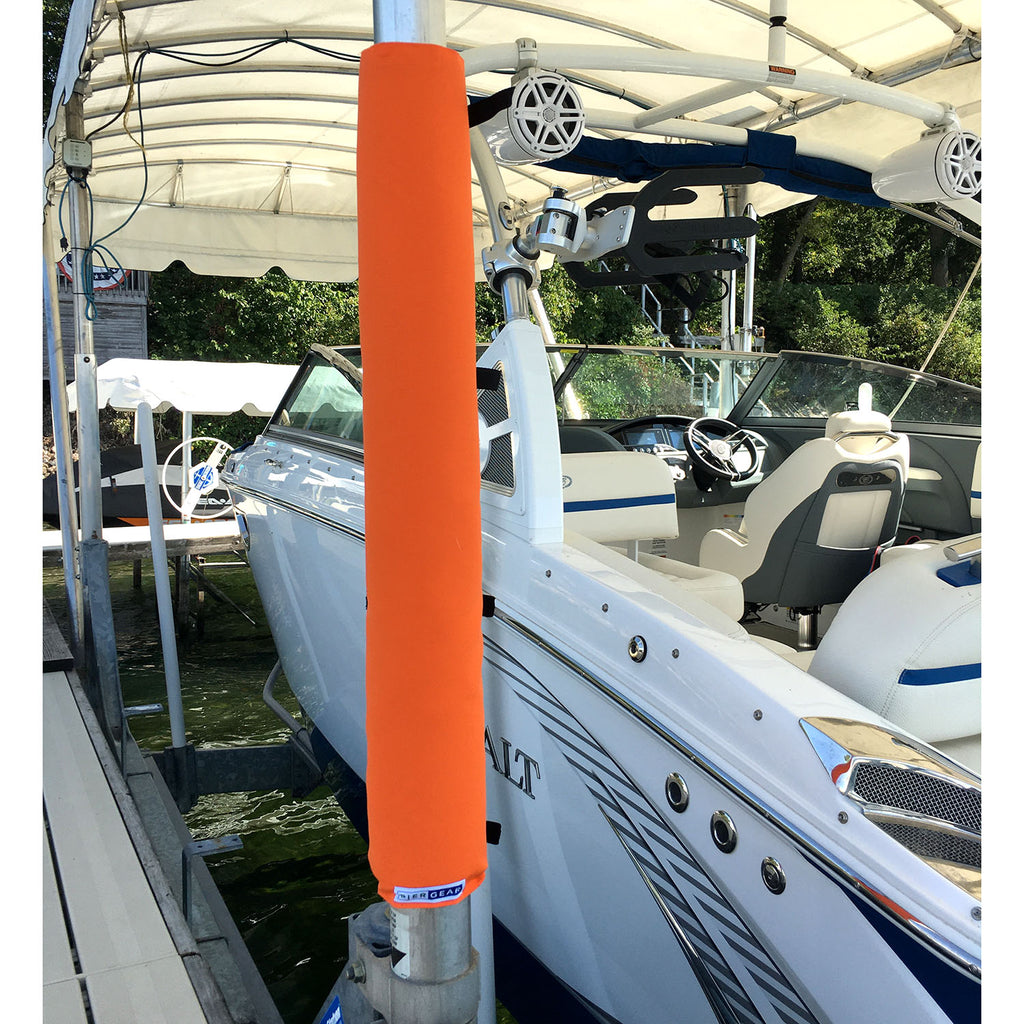 Orange Padded Wrap by Pier Gear, Padding for boat poles. Boat lift pad that helps prevent dings and dents on your boat and lift post. Padded wrap is on boat dock pole