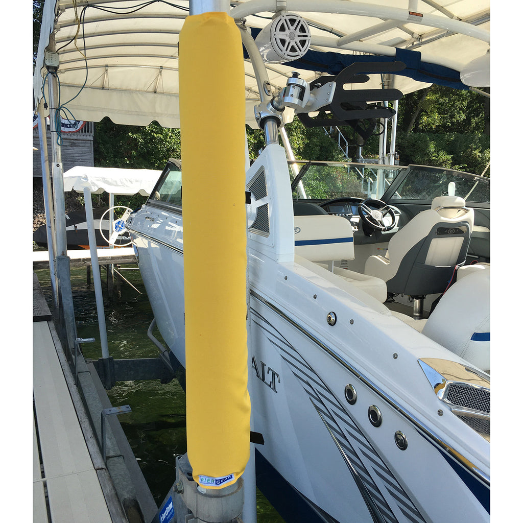 Yellow Padded Wrap by Pier Gear, Padding for boat poles. Boat lift pad that helps prevent dings and dents on your boat and lift post. Padded wrap is on boat dock pole