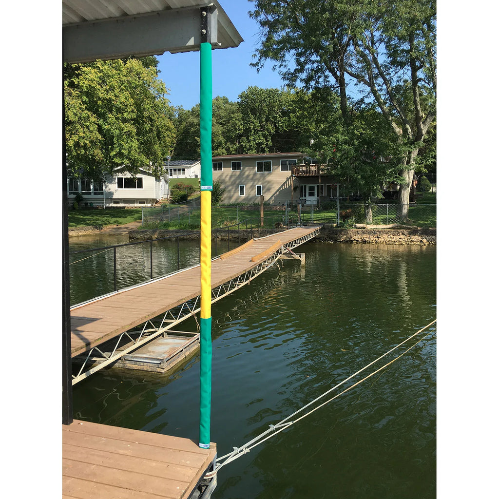Pier Gear Pillar Wraps in green and yellow (Green Bay Packards) are decorative post covers for a boat dock on a Lake, beach, or ocean. The Pillar wraps have velcro secure along the backside. 36" tall and fits on square posts of 2", 2.5", or 3".