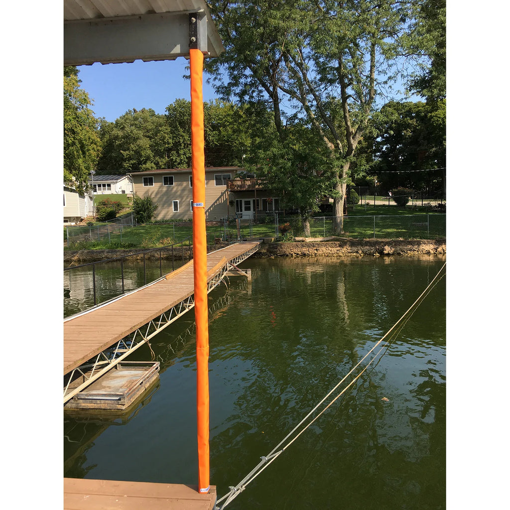 Pier Gear Pillar Wraps in orange are decorative post covers for a boat dock on a Lake, beach, or ocean. The Pillar wraps have velcro secure along the backside. 36" tall and fits on square posts of 2", 2.5", or 3".