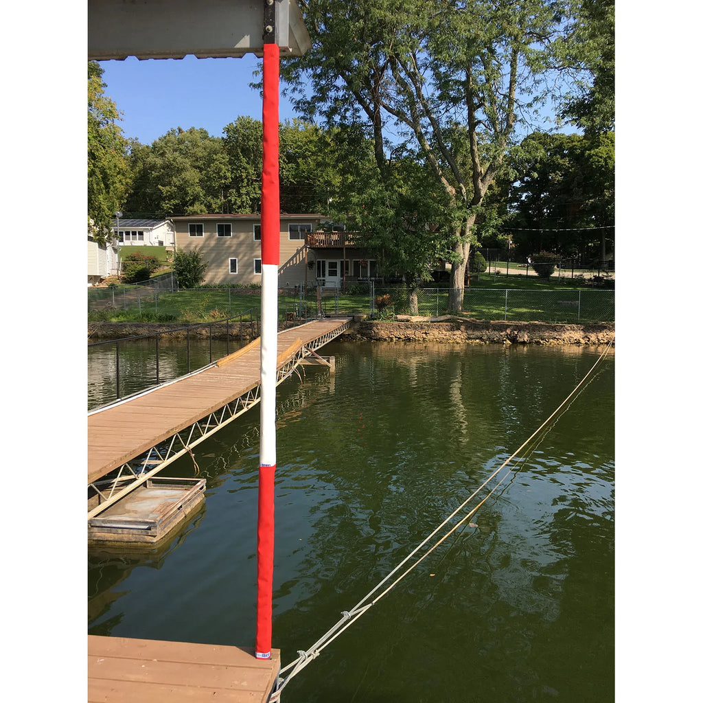 Pier Gear Pillar Wraps in red and white (Nebraska Huskers) are decorative post covers for a boat dock on a Lake, beach, or ocean. The Pillar wraps have velcro secure along the backside. 36" tall and fits on square posts of 2", 2.5", or 3".