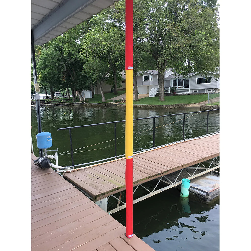 Pier Gear Pillar Wraps in red and yellow (KC Chiefs) are decorative post covers for a boat dock on a Lake, beach, or ocean. The Pillar wraps have velcro secure along the backside. 36" tall and fits on square posts of 2", 2.5", or 3". 