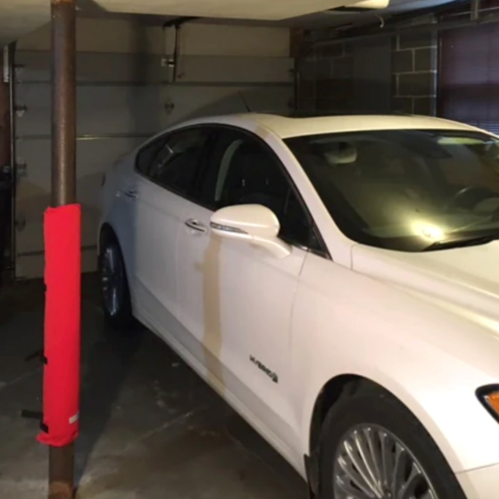Red adding for garage poles. Garage pole pad that secures to your garage pole to prevent dings and dents on your car door.