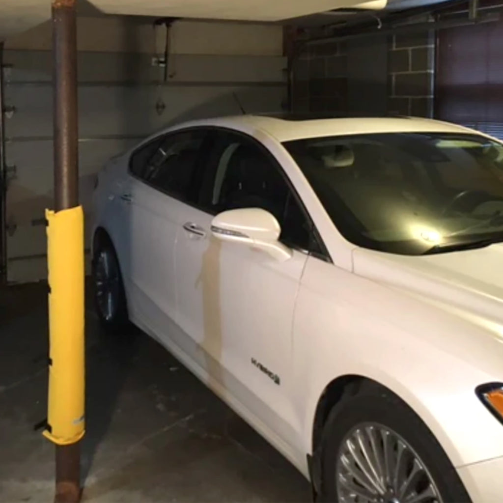 Yellow Padding for garage poles. Garage pole pad that secures to your garage pole to prevent dings and dents on your car door.